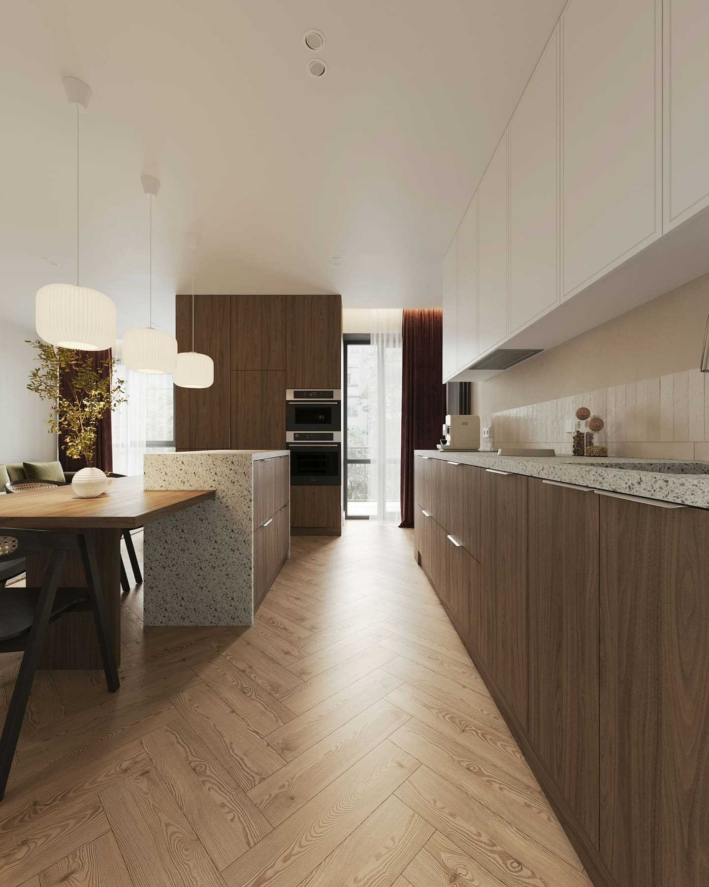 A long walnut kitchen with a stone island